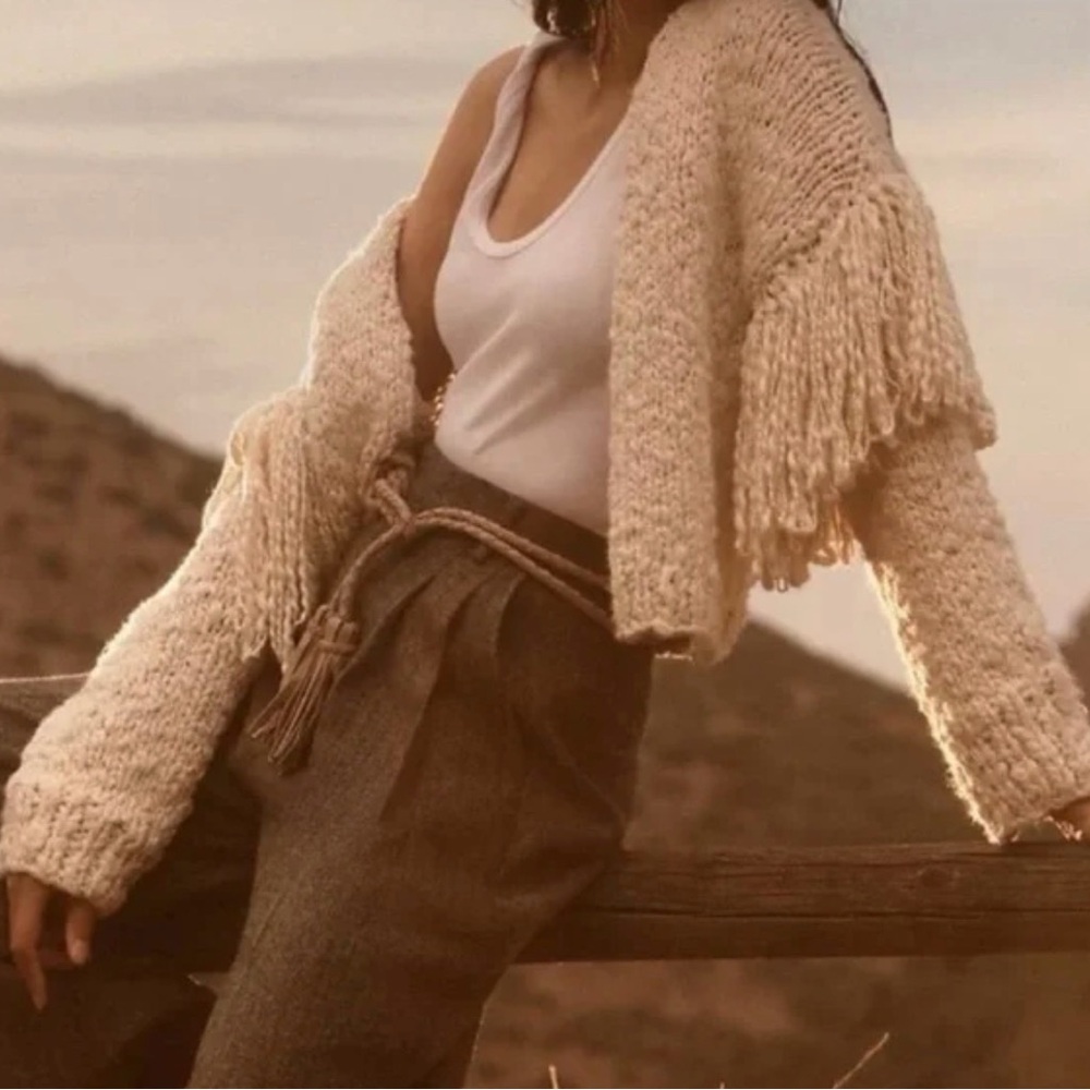 Anthropologie Cream Chunky Fringe Open-Front Cardigan